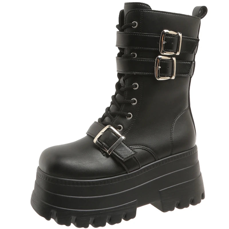 New Ladies Goth Platform Boots Fashion Brand Rivet Buckle Punk Wedges High Heels Women's Boots Party Street Cosplay Woman Shoes
