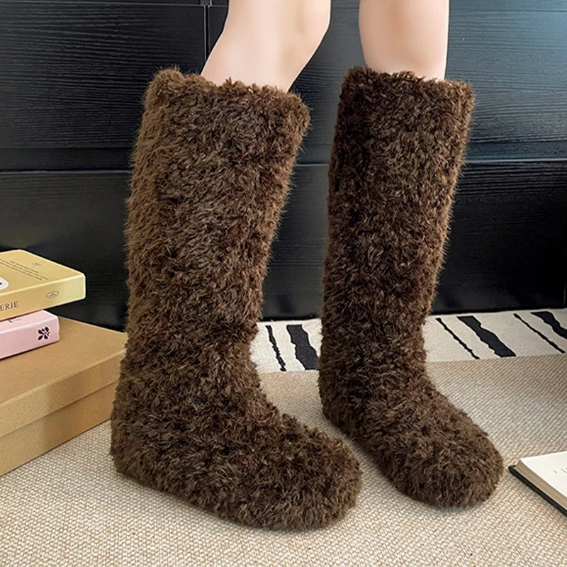 Fur Flats Women's High Boots Warm Designer Cotton Shoes Cozy Dress Winter Snow Boots 2025 New Fashion Knee High Botas De Mujer