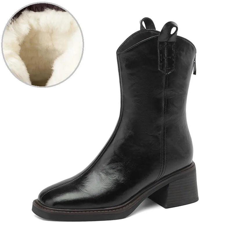 DRKANOL Real Cowhide Chelsea Boots Women Thick High Heel Natural Wool Warm Boots Street Style Retro Back Zipper Mid Calf Boots