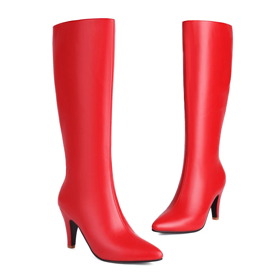 Autumn Winter Women Knee High Boots Chunky Spike Heel Sexy Dress Casual Party Lady Red Black Brown Pointed Toe Zipper Long Boots