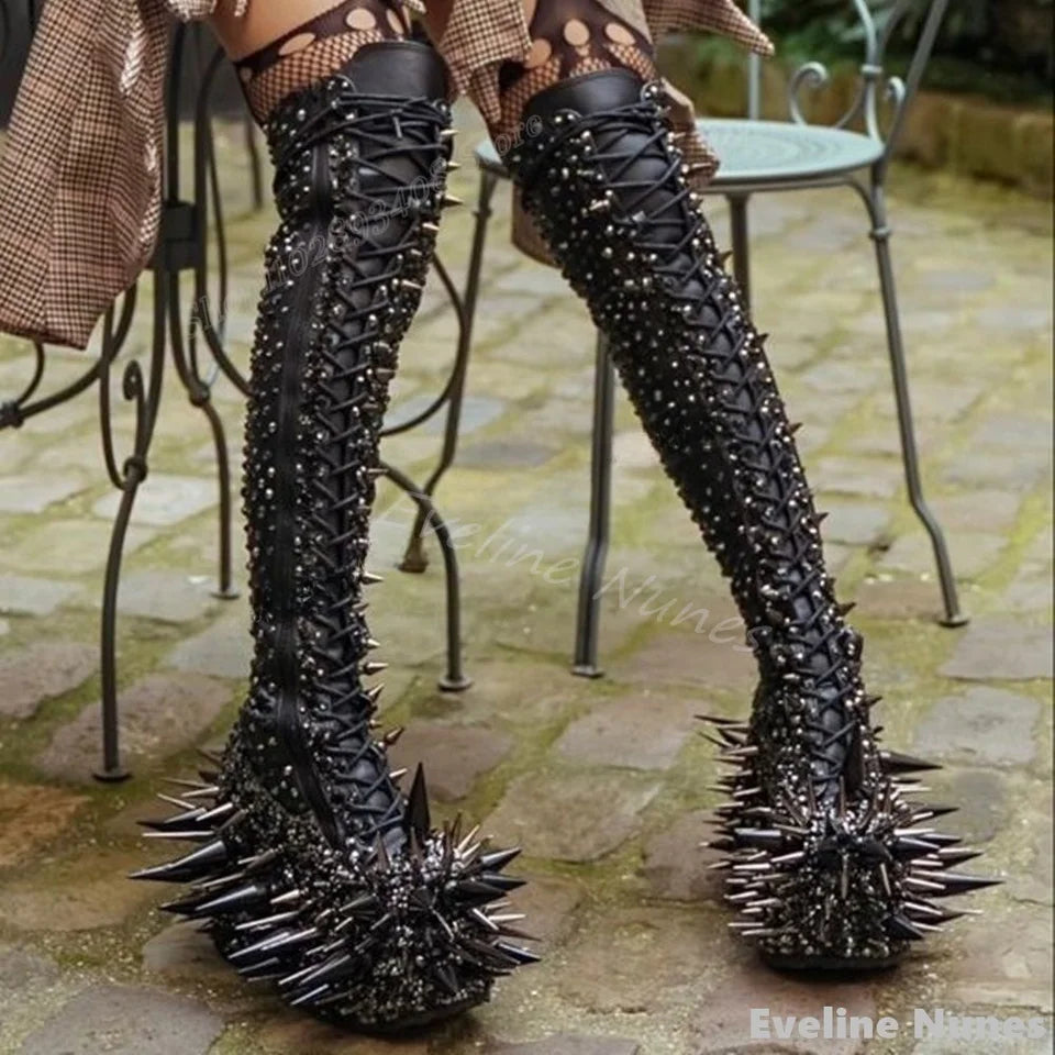 Rivet Spikes Knee High Boots Women Platform Chunky Heel Cross Tied Bling Crystal Punk Boots 2025 New Street Style Novelty Boots