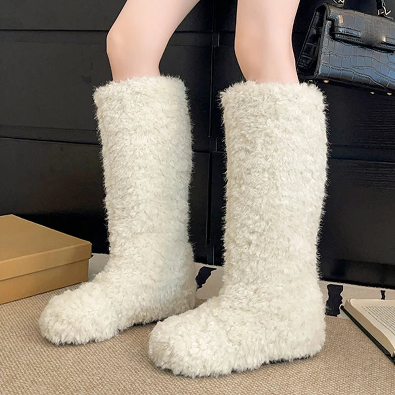 Fur Flats Women's High Boots Warm Designer Cotton Shoes Cozy Dress Winter Snow Boots 2025 New Fashion Knee High Botas De Mujer
