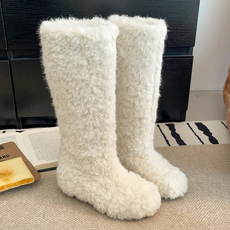 Fur Flats Women's High Boots Warm Designer Cotton Shoes Cozy Dress Winter Snow Boots 2025 New Fashion Knee High Botas De Mujer