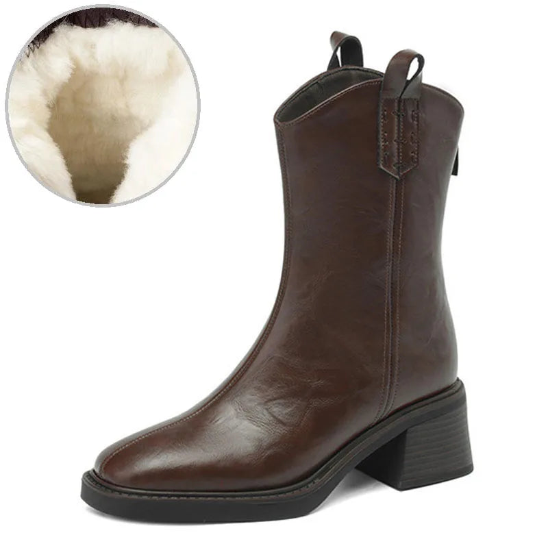 DRKANOL Real Cowhide Chelsea Boots Women Thick High Heel Natural Wool Warm Boots Street Style Retro Back Zipper Mid Calf Boots