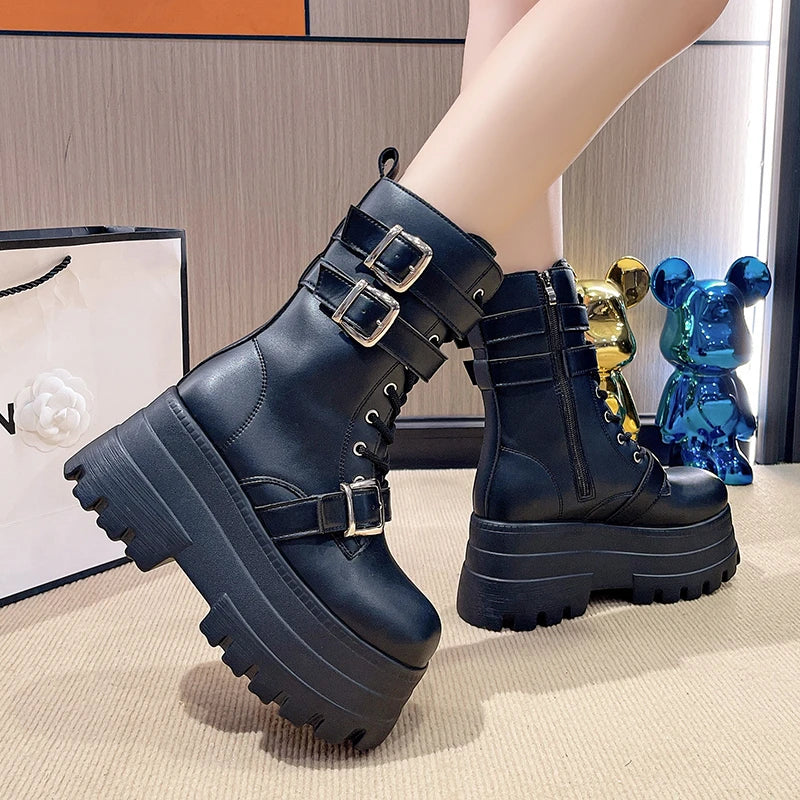 New Ladies Goth Platform Boots Fashion Brand Rivet Buckle Punk Wedges High Heels Women's Boots Party Street Cosplay Woman Shoes