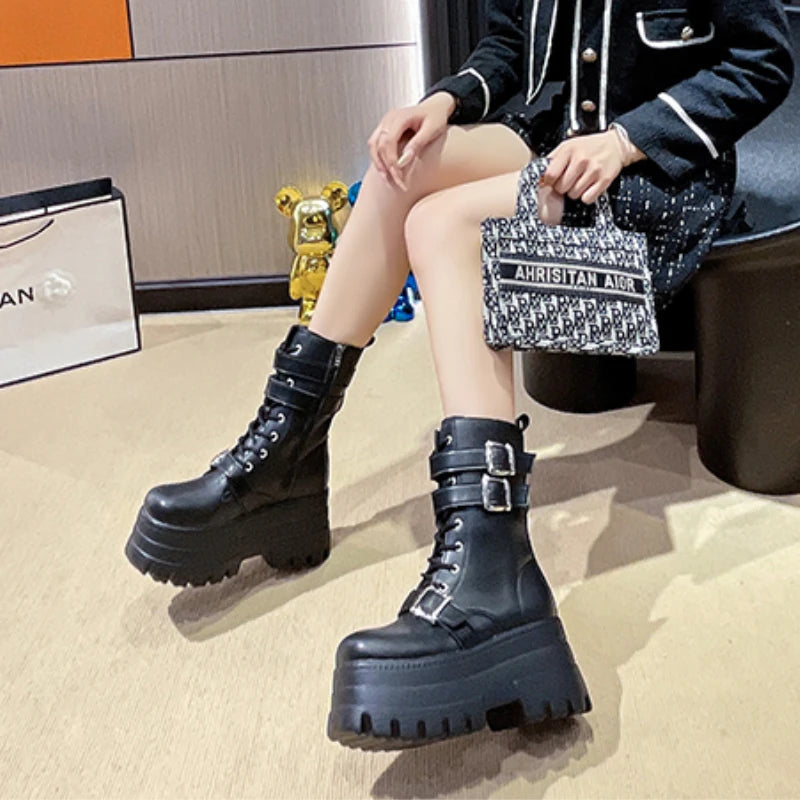 New Ladies Goth Platform Boots Fashion Brand Rivet Buckle Punk Wedges High Heels Women's Boots Party Street Cosplay Woman Shoes
