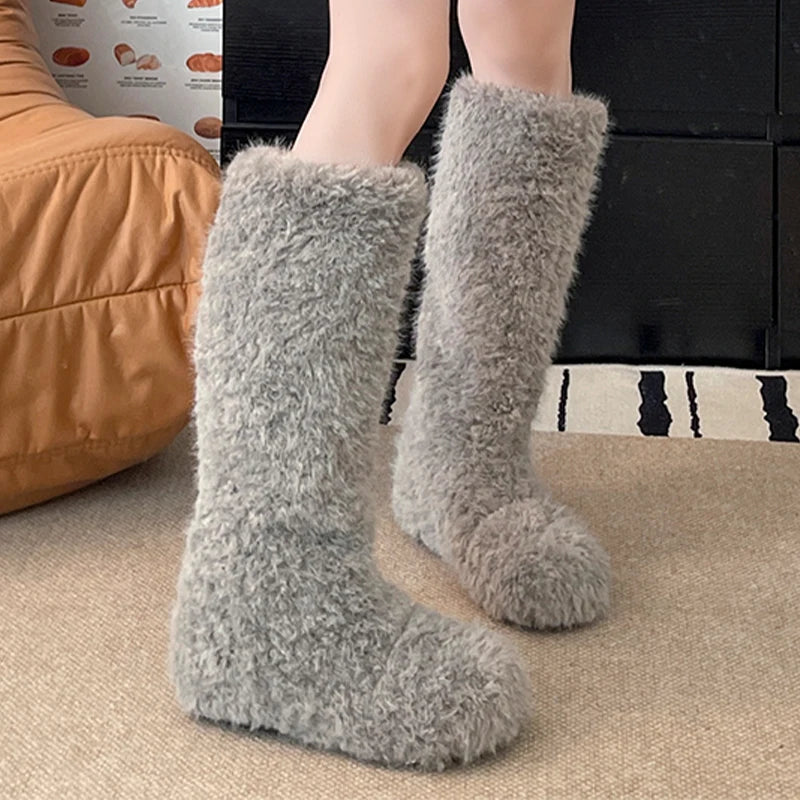 Fur Flats Women's High Boots Warm Designer Cotton Shoes Cozy Dress Winter Snow Boots 2025 New Fashion Knee High Botas De Mujer