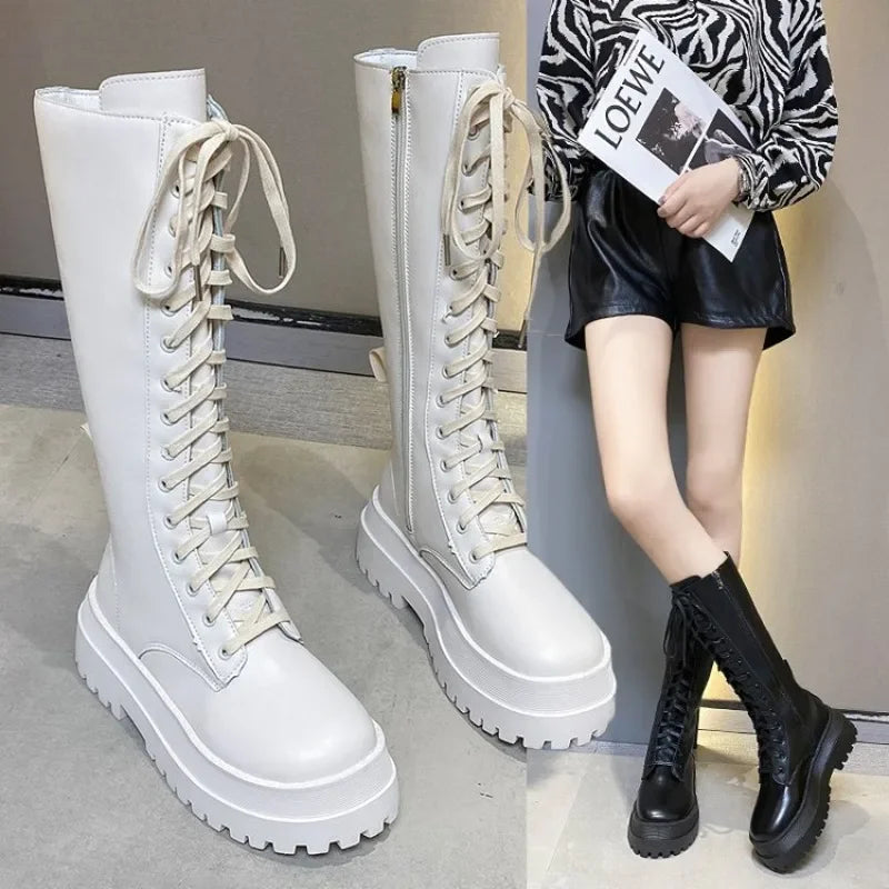 2024 New Thicken Winter Knight Boots Women Knee High Long Square Heel Boots Retro Thick Motorcycle Boots Black White Botas Mujer