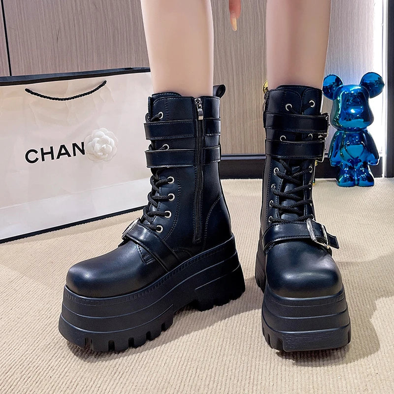 New Ladies Goth Platform Boots Fashion Brand Rivet Buckle Punk Wedges High Heels Women's Boots Party Street Cosplay Woman Shoes