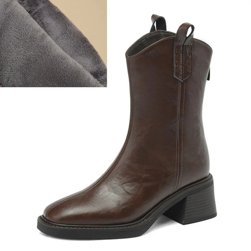 DRKANOL Real Cowhide Chelsea Boots Women Thick High Heel Natural Wool Warm Boots Street Style Retro Back Zipper Mid Calf Boots