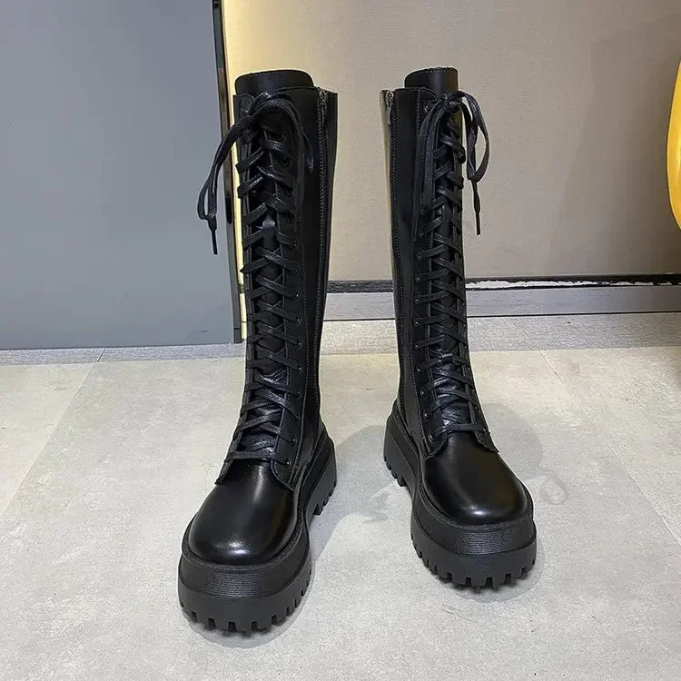2024 New Thicken Winter Knight Boots Women Knee High Long Square Heel Boots Retro Thick Motorcycle Boots Black White Botas Mujer
