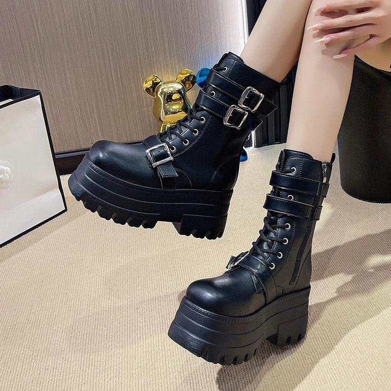 New Ladies Goth Platform Boots Fashion Brand Rivet Buckle Punk Wedges High Heels Women's Boots Party Street Cosplay Woman Shoes