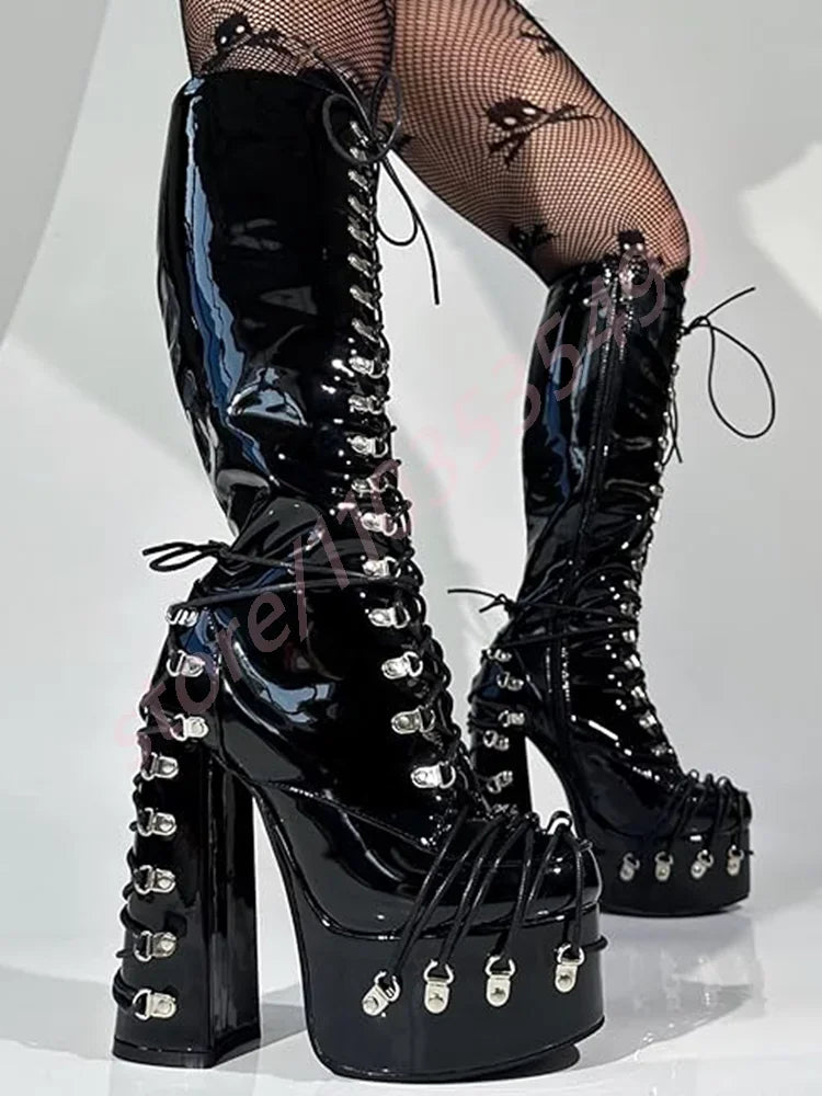 Patent Leather Platform Punk Boots 2025 New Sexy Ladies Street Rock Round Motorcycle Boot Fashion Party Casual Thick High Heels